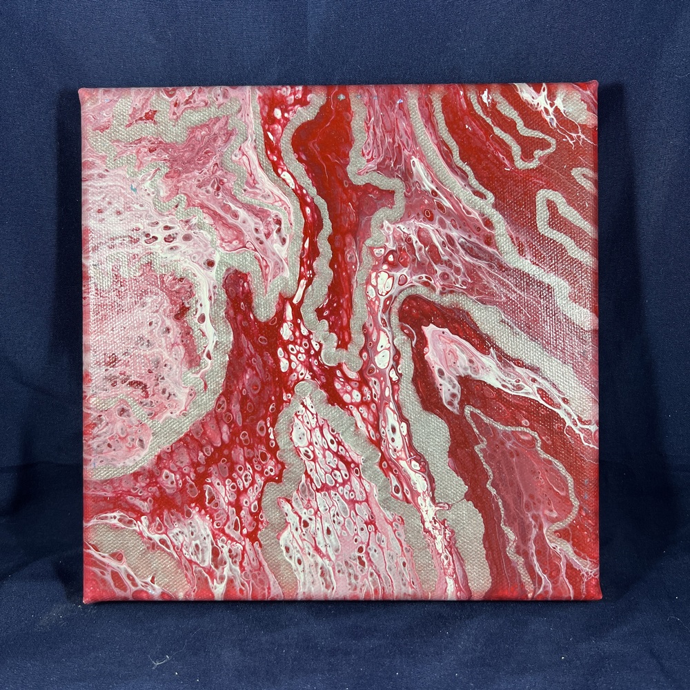 8x8 Red Silver Acrylic Pour Abstract Painting Fluid Art Modern Dynamic Energy